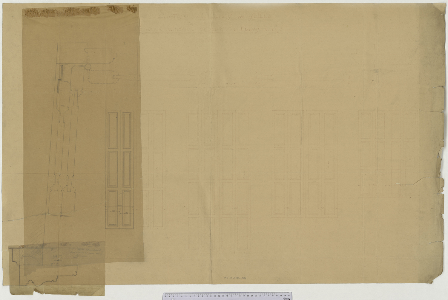 Volet intérieur, élévations, plans et profil de moulure.