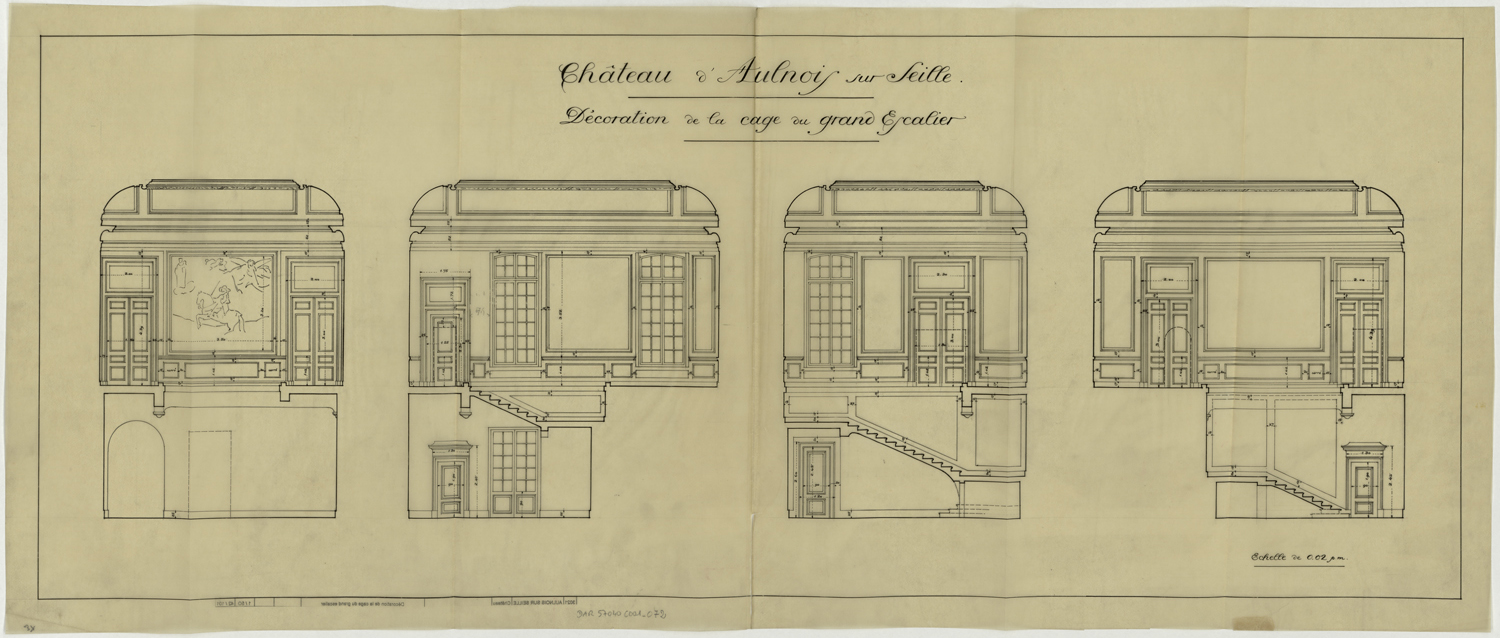 Grand escalier, élévations des boiseries et des décors.