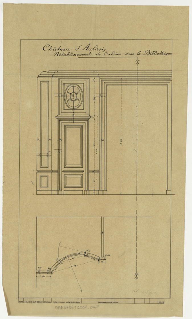 Rétablissement de l’alcôve dans la bibliothèque, élévation et plan.