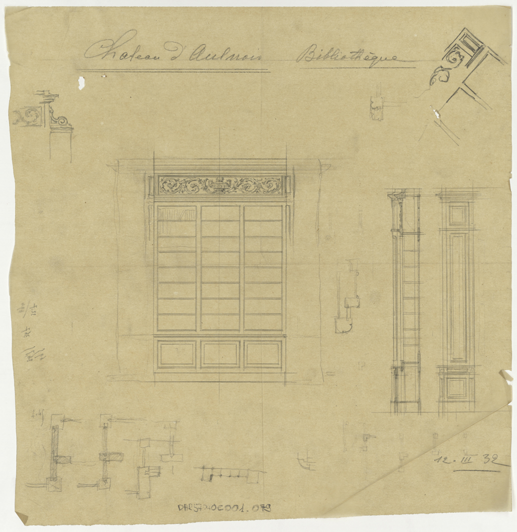 Bibliothèque, élévations et plan.