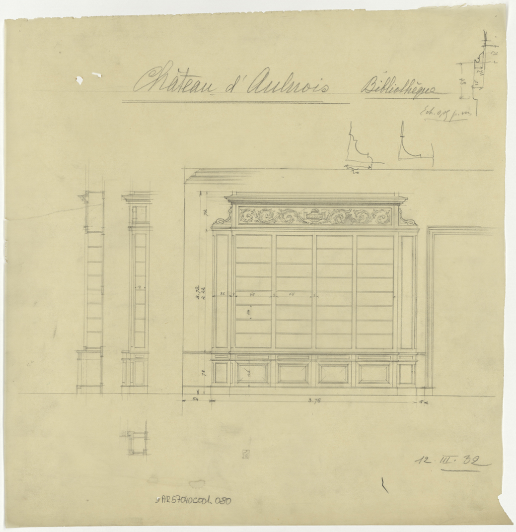 Bibliothèque, élévations et plan.