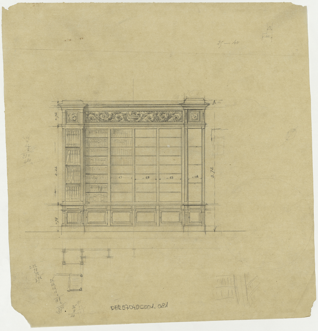 Bibliothèque, élévation et plans.