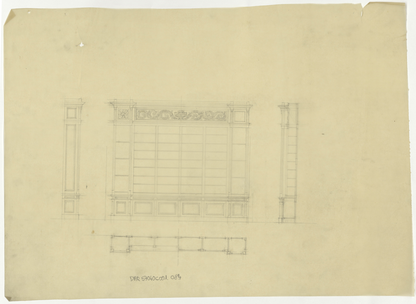 Bibliothèque, élévations et plan.