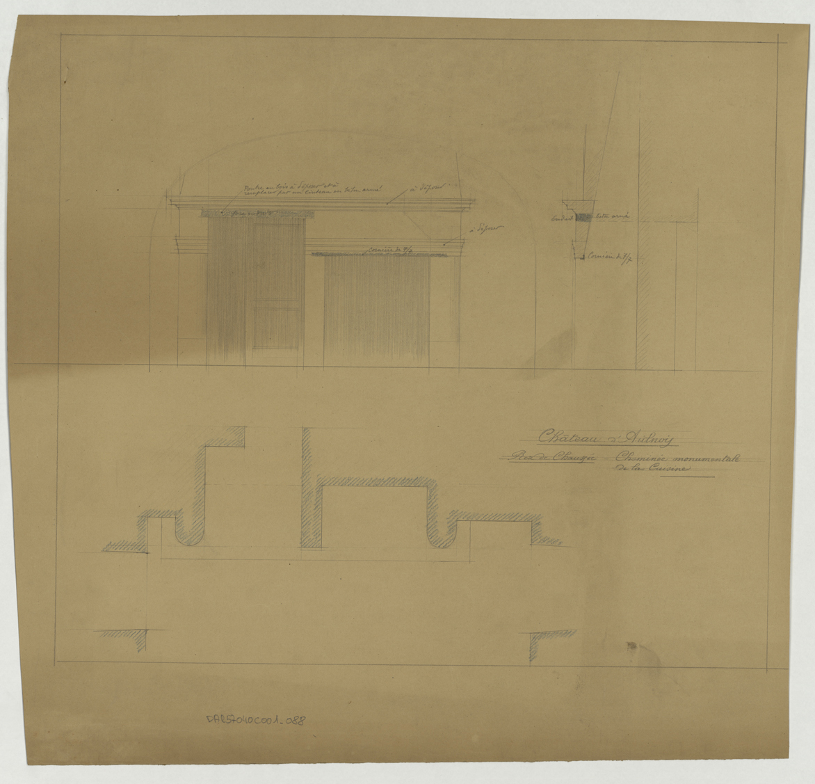 Cuisine, élévation et plan de la cheminée monumentale.