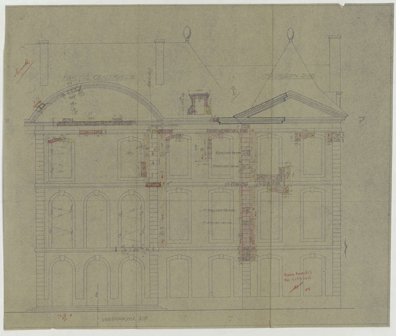 Projet de restauration de la façade ouest sur jardin, élévation du pavillon sud.