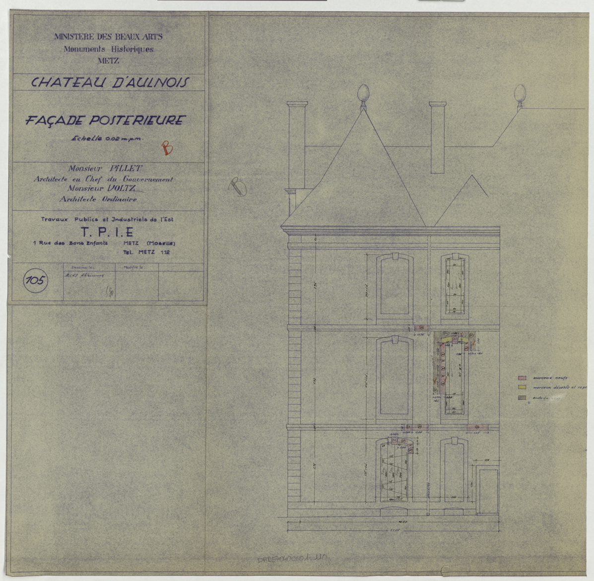 Projet de restauration de la façade est, élévation.