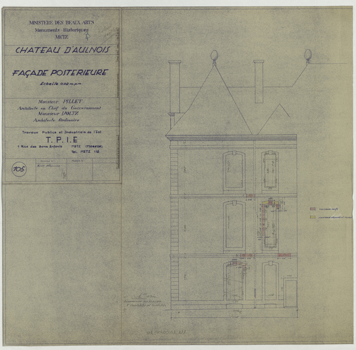 Projet de restauration de la façade est, élévation.