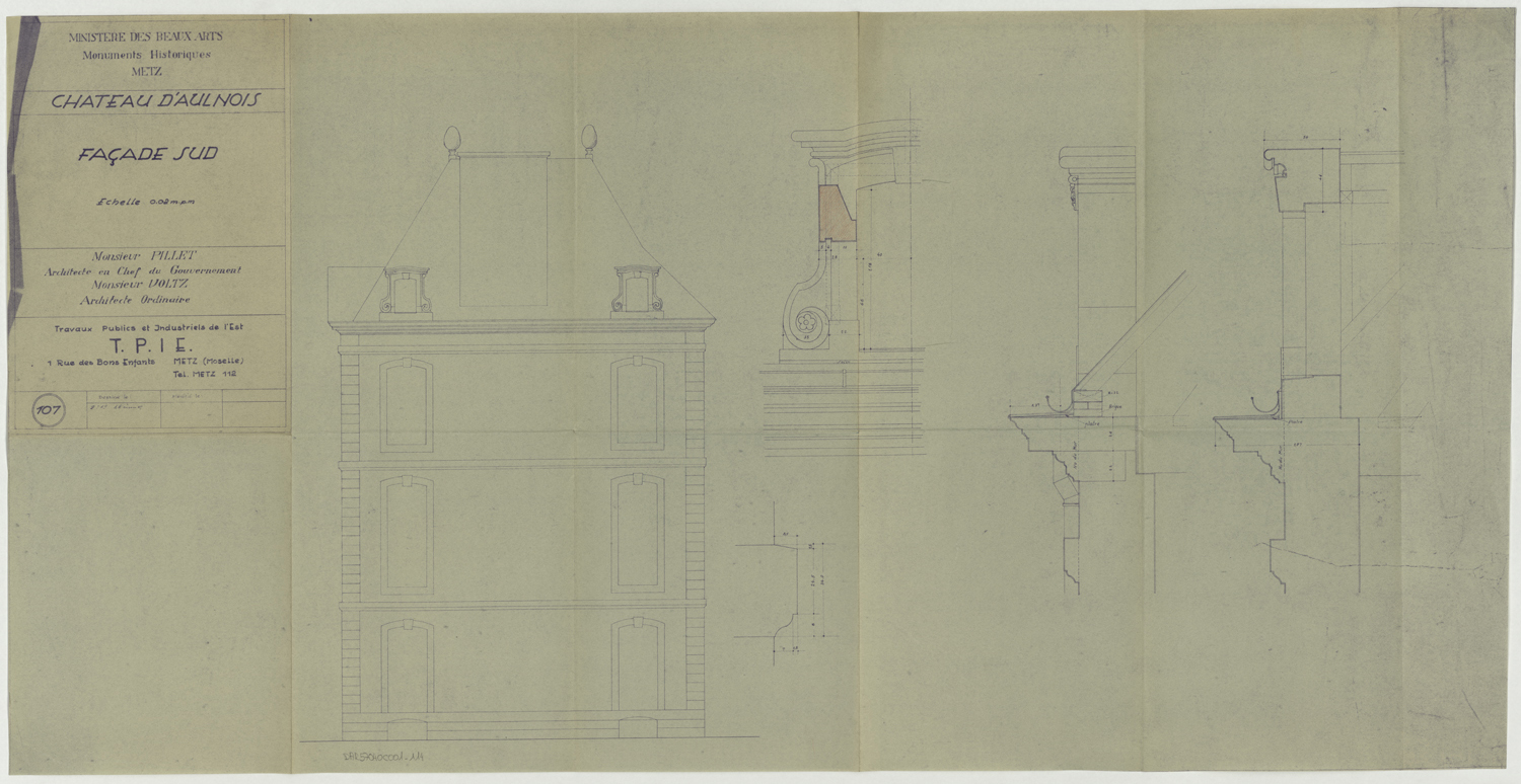 Projet de restauration de la façade sud, élévations et coupes sur la lucarne.