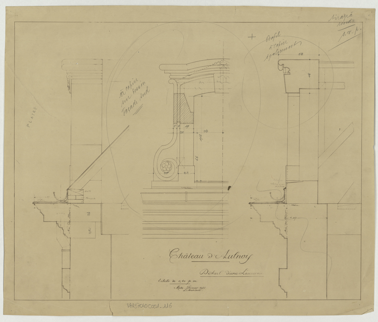 Lucarne, élévation et coupes.