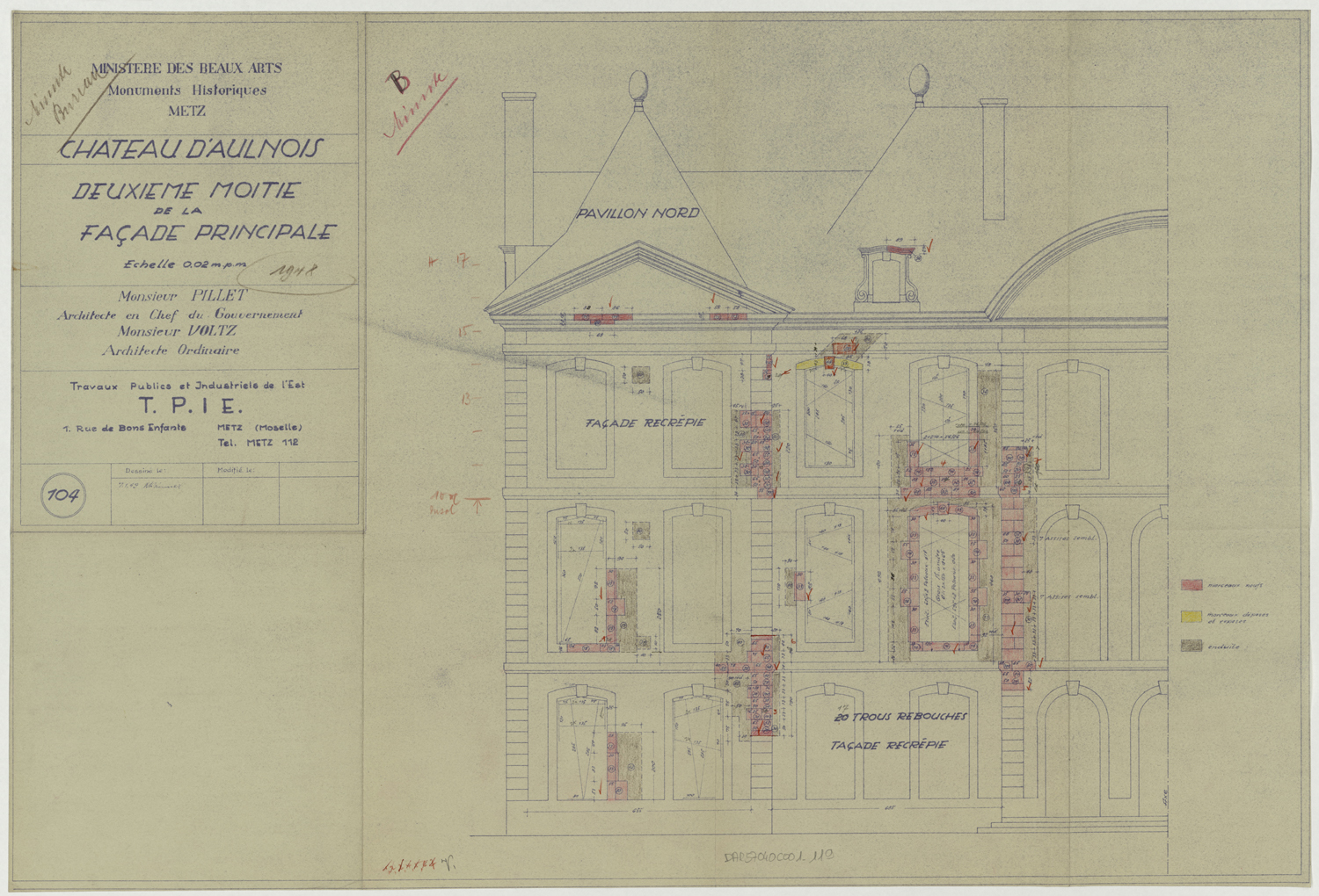 Projet de restauration de la façade ouest sur jardin, élévation du pavillon nord.