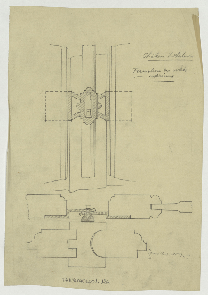 Volet intérieur, élévation et plans du système de fermeture.