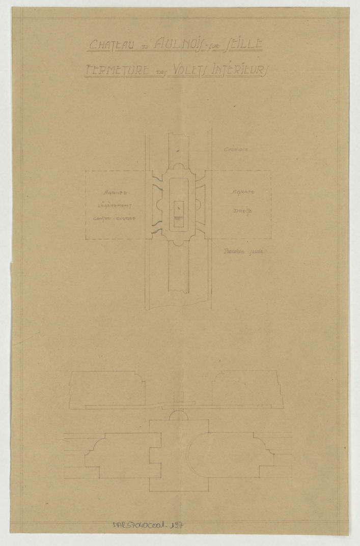 Volet intérieur, élévation et plans du système de fermeture.