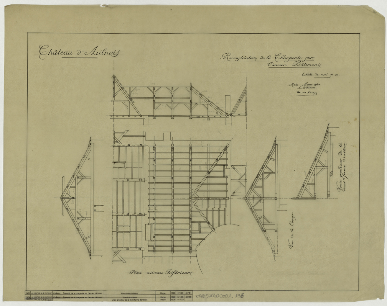 Projet de reconstitution de la charpente de l’ancien bâtiment, coupes longitudinale et transversale et plan du niveau inférieur.