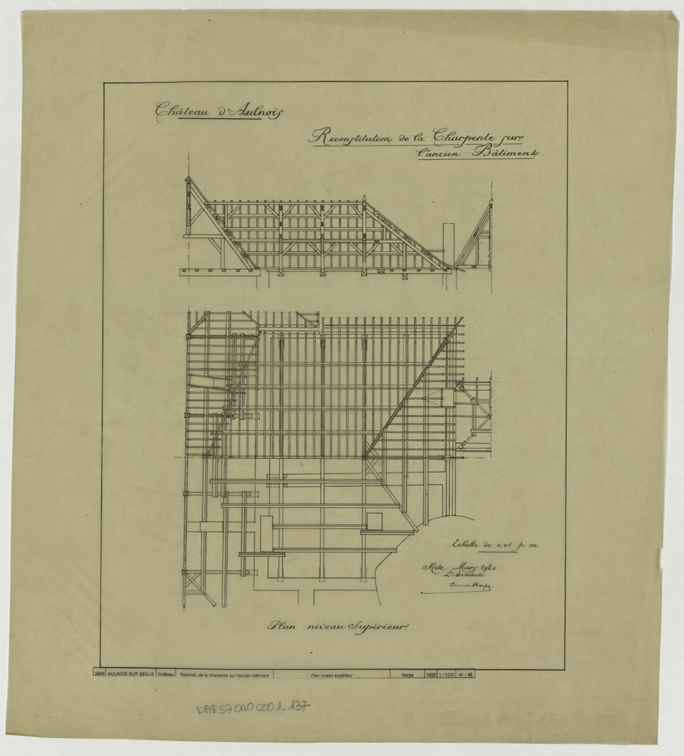 Projet de reconstitution de la charpente de l’ancien bâtiment, coupe transversale et plan du niveau supérieur.