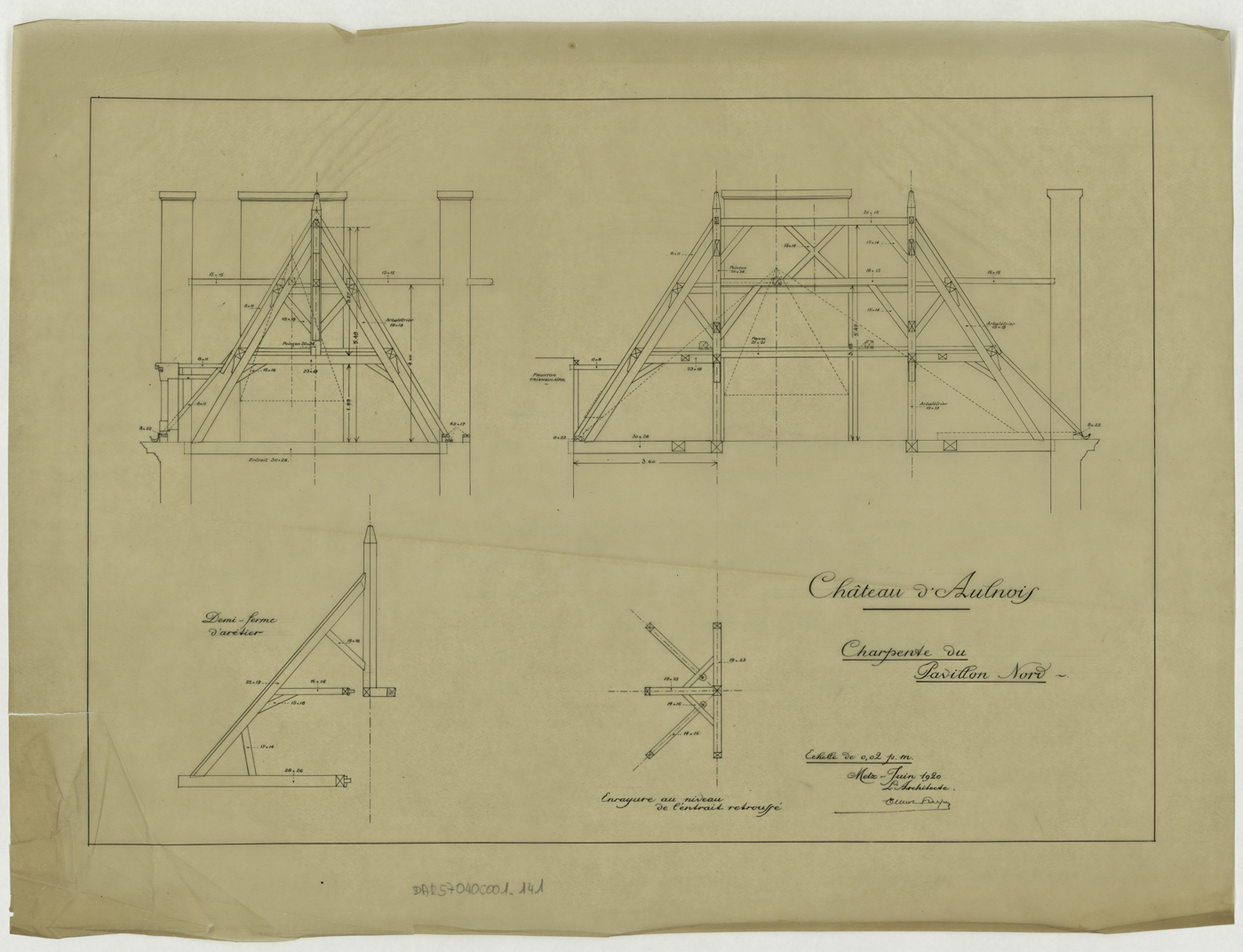 Charpente, coupes et plan du pavillon nord.