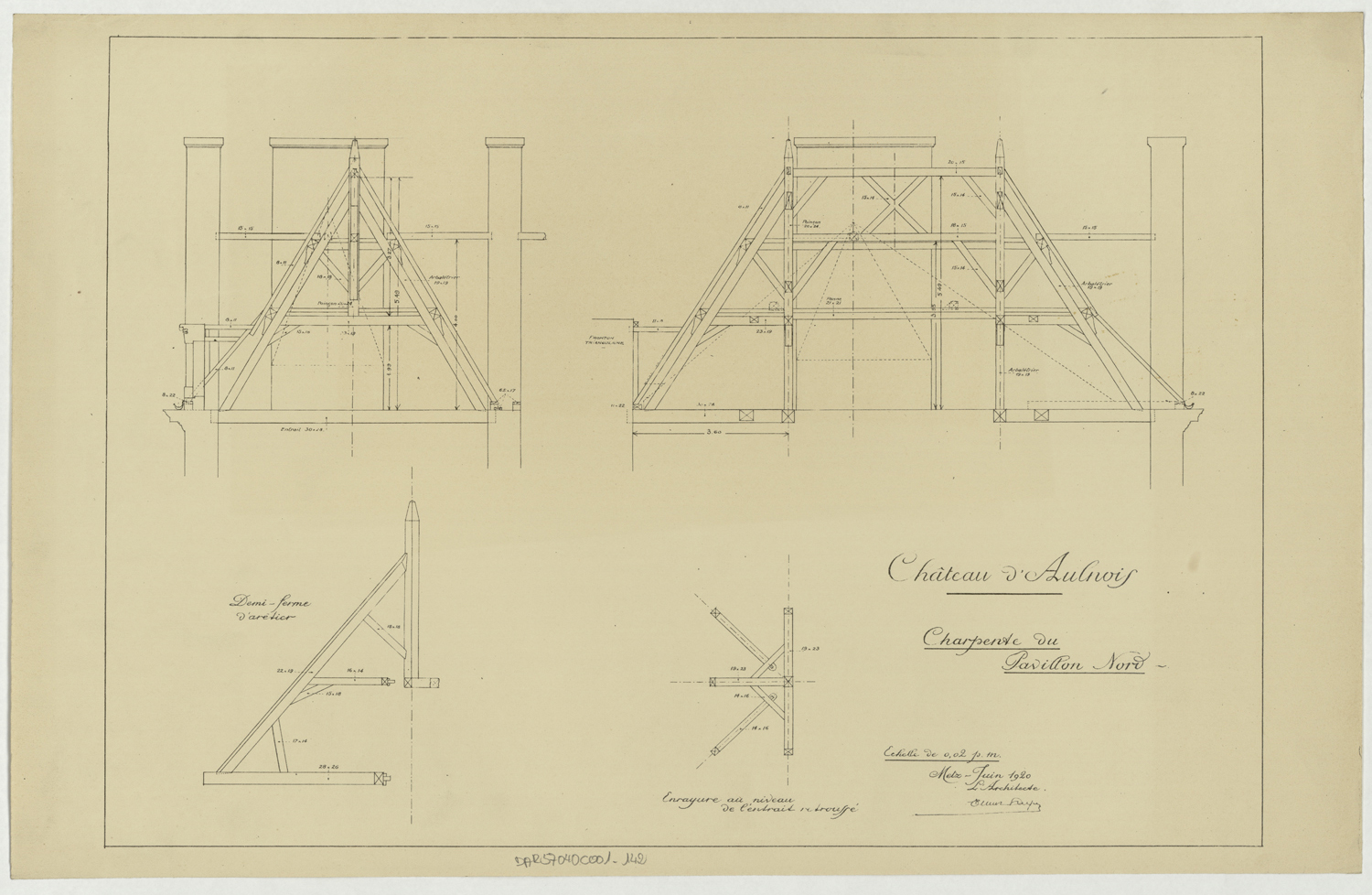 Charpente, coupes et plan du pavillon nord.