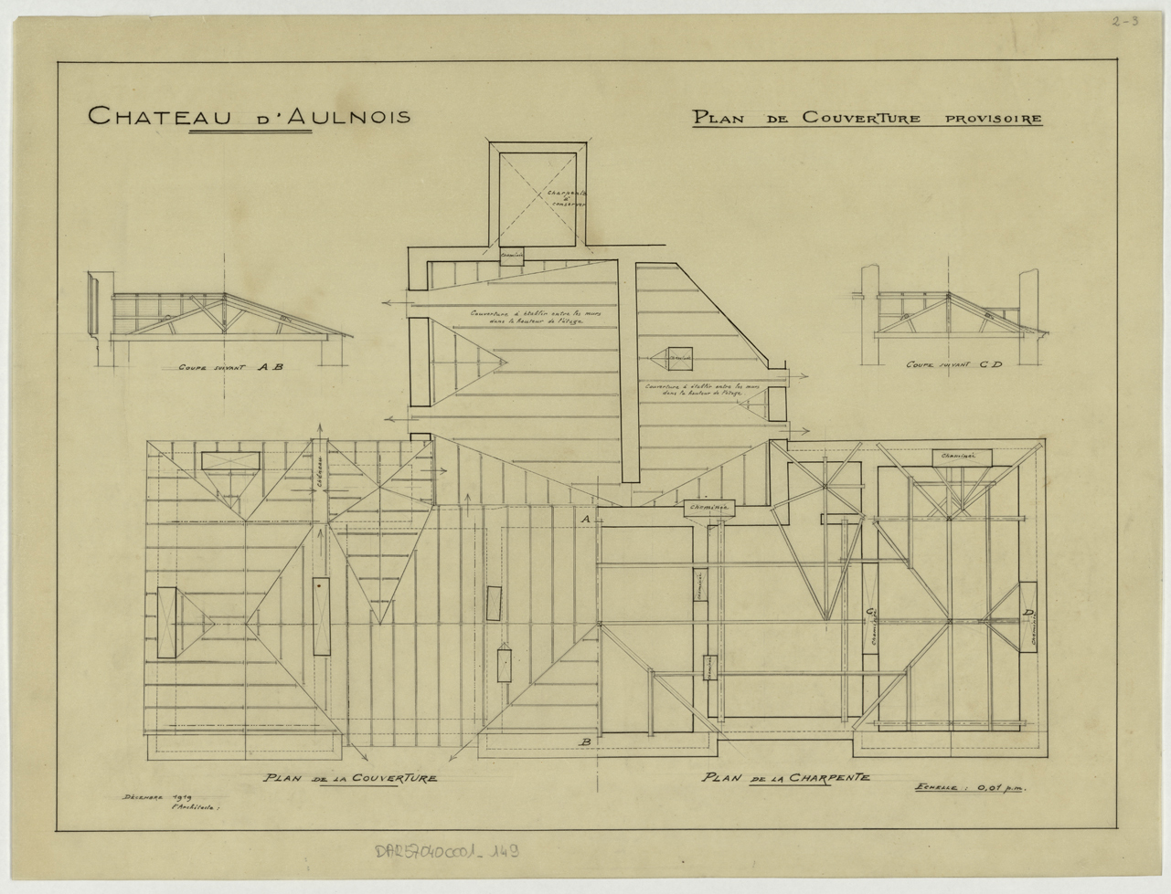 Projet de couverture provisoire, coupes et plan.