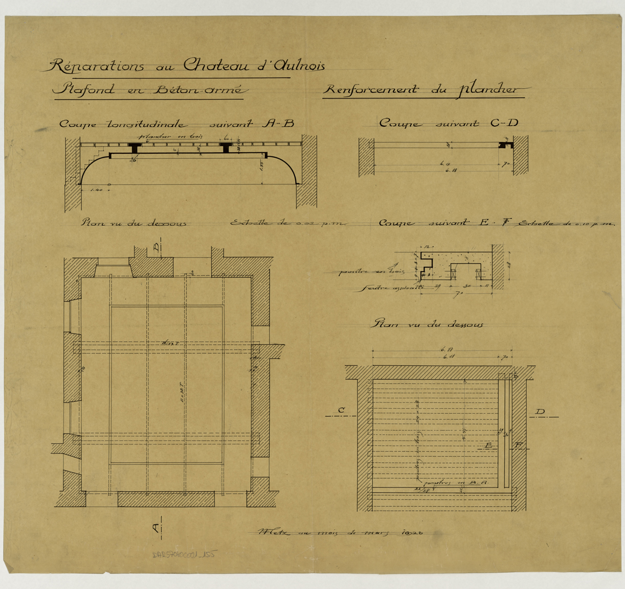 Projet de voûte en béton armé, coupes et plans du plafond et de son renforcement.