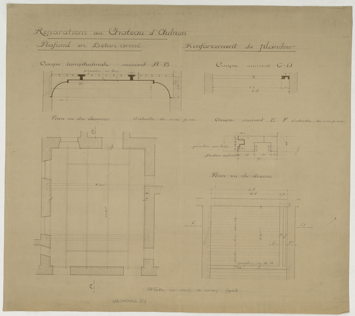 Projet de voûte en béton armé, coupes et plans du plafond et de son renforcement.