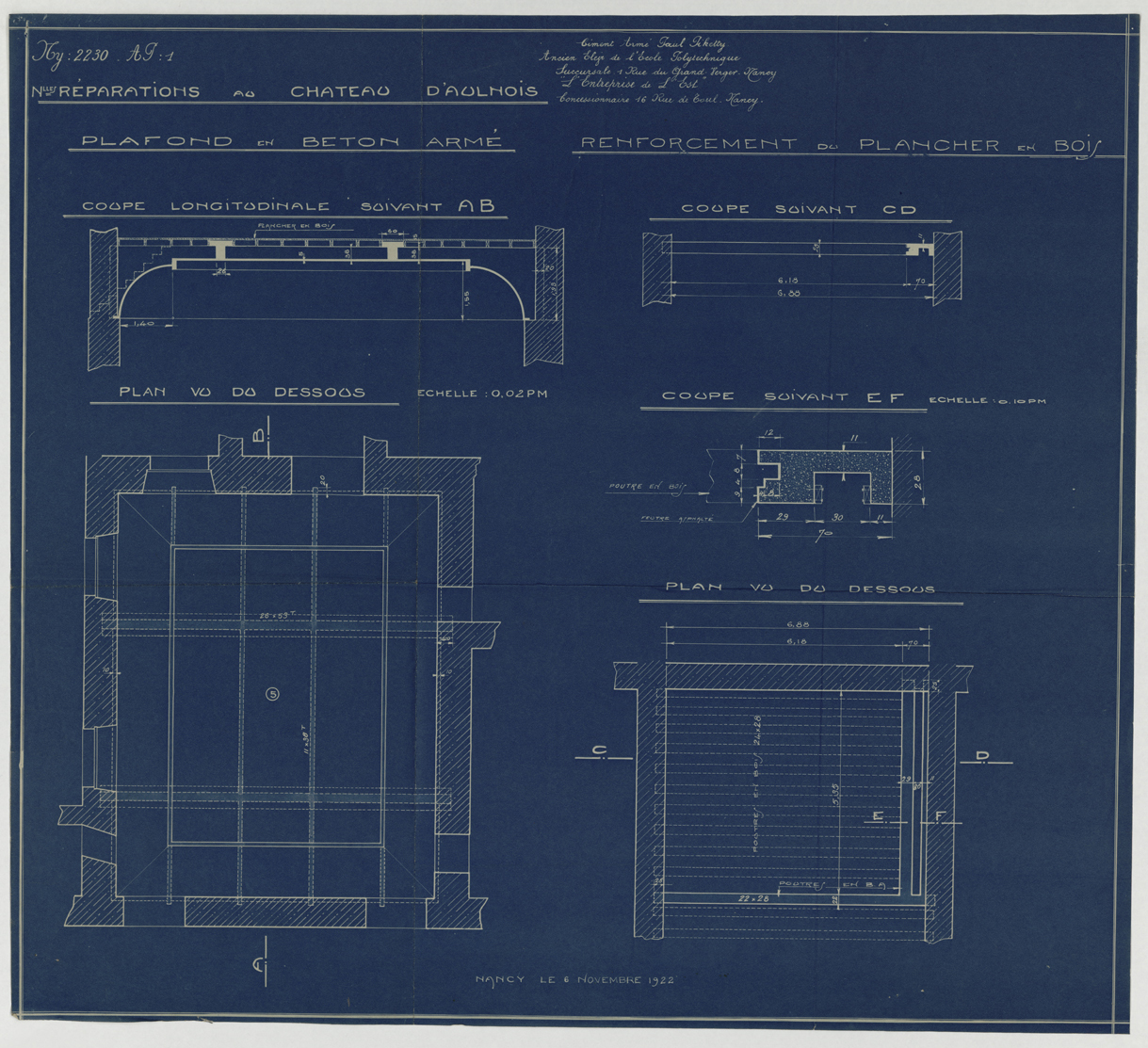 Projet de voûte en béton armé, coupes et plans du plafond et de son renforcement.