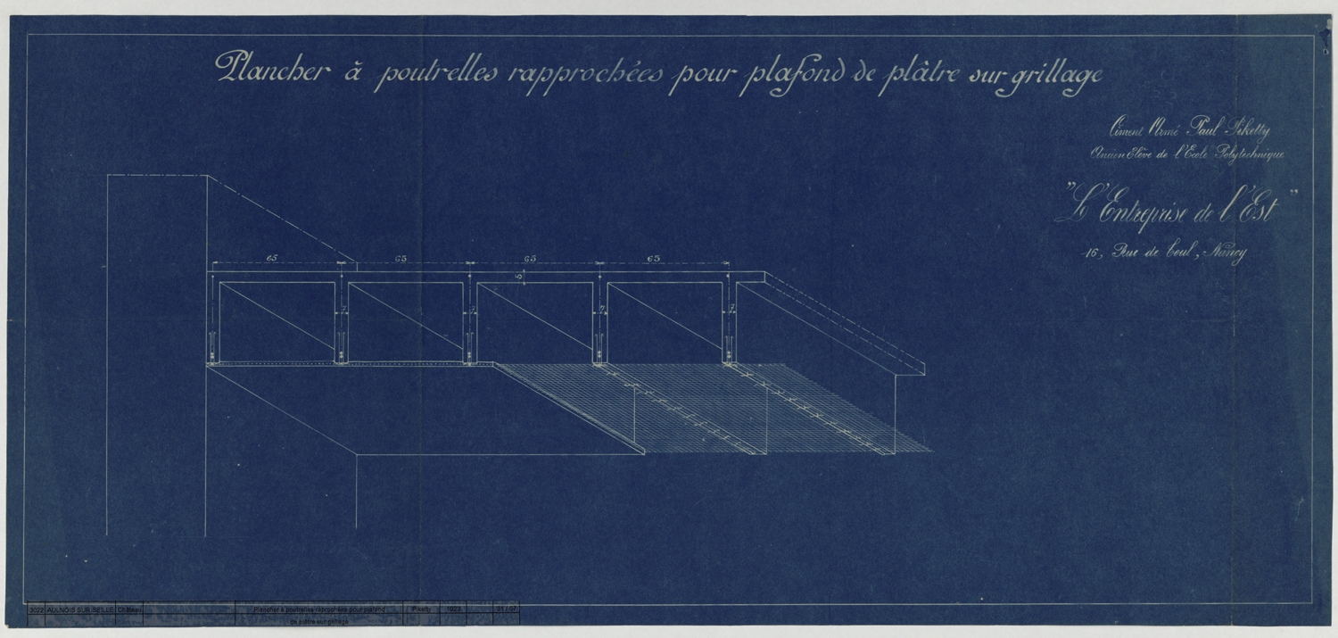 Projet de plafond, coupe sur le plancher à poutrelles rapprochées pour plafond de plâtre su grillage.