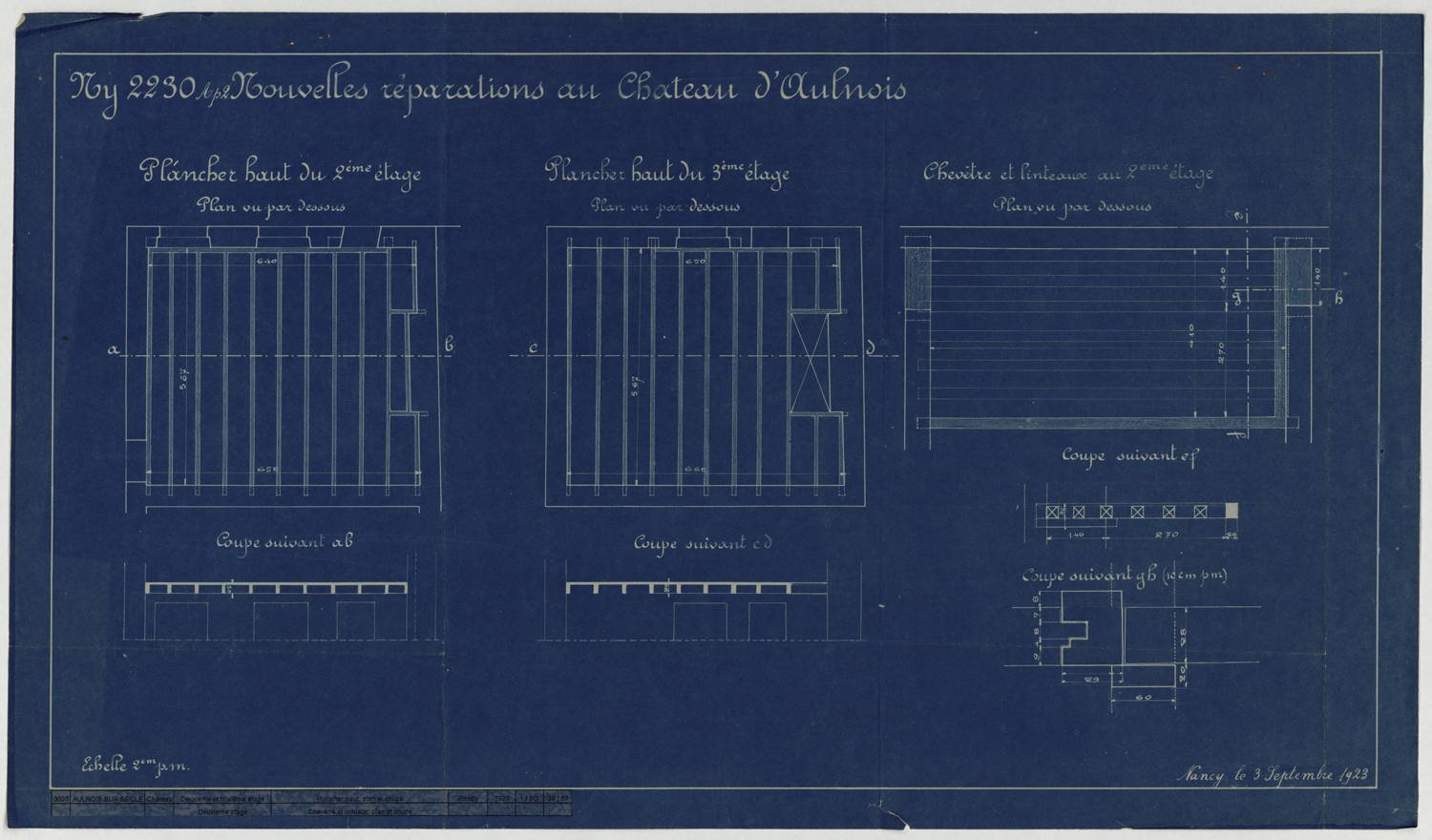 Projet de réparation des plafonds, coupes et plans.