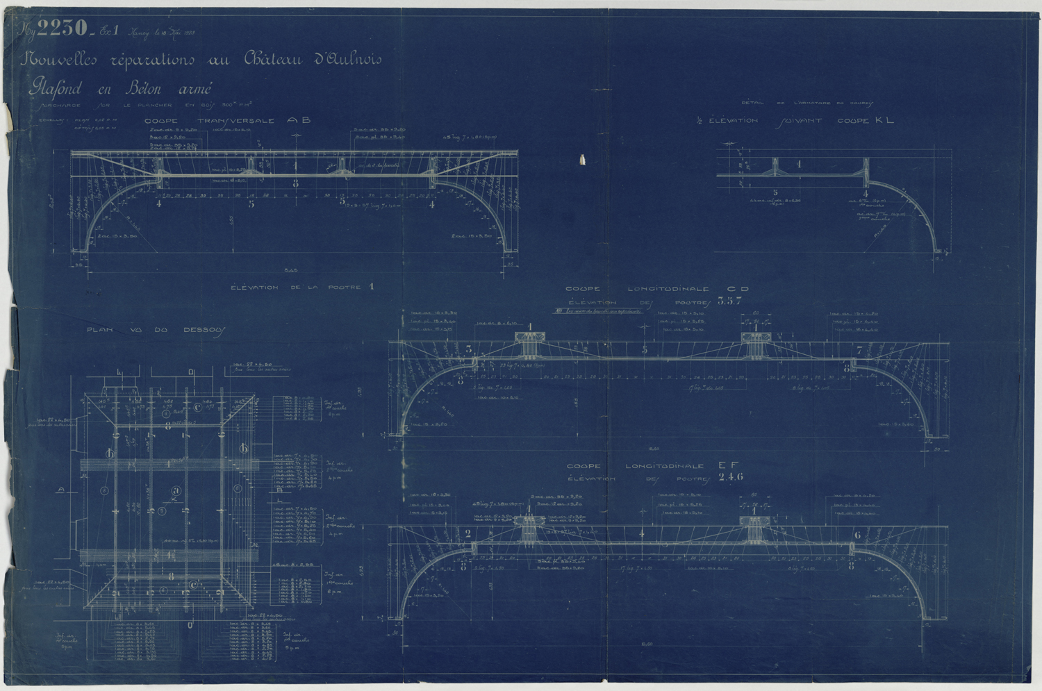 Projet de plafond en béton armé, coupes et plans.