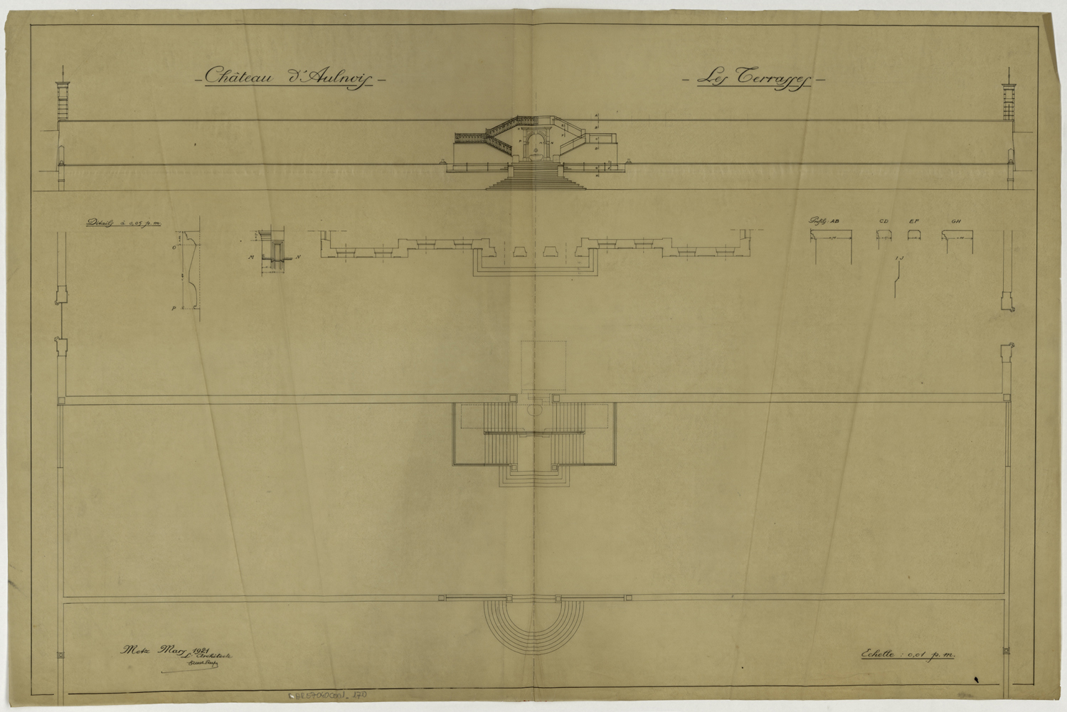 Jardins, élévation, coupe et plan des terrasses.