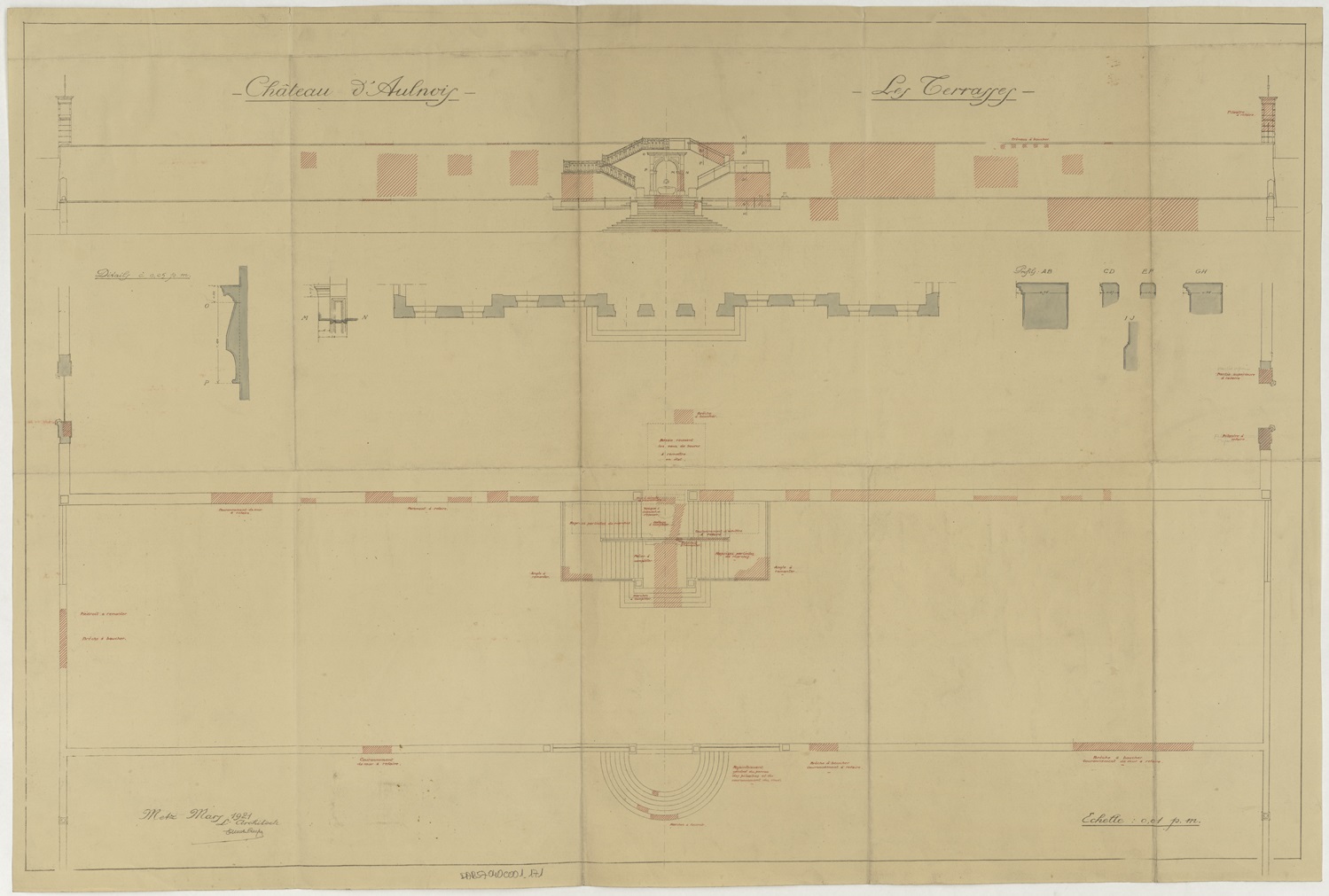 Jardins, élévation, coupe et plan des terrasses.