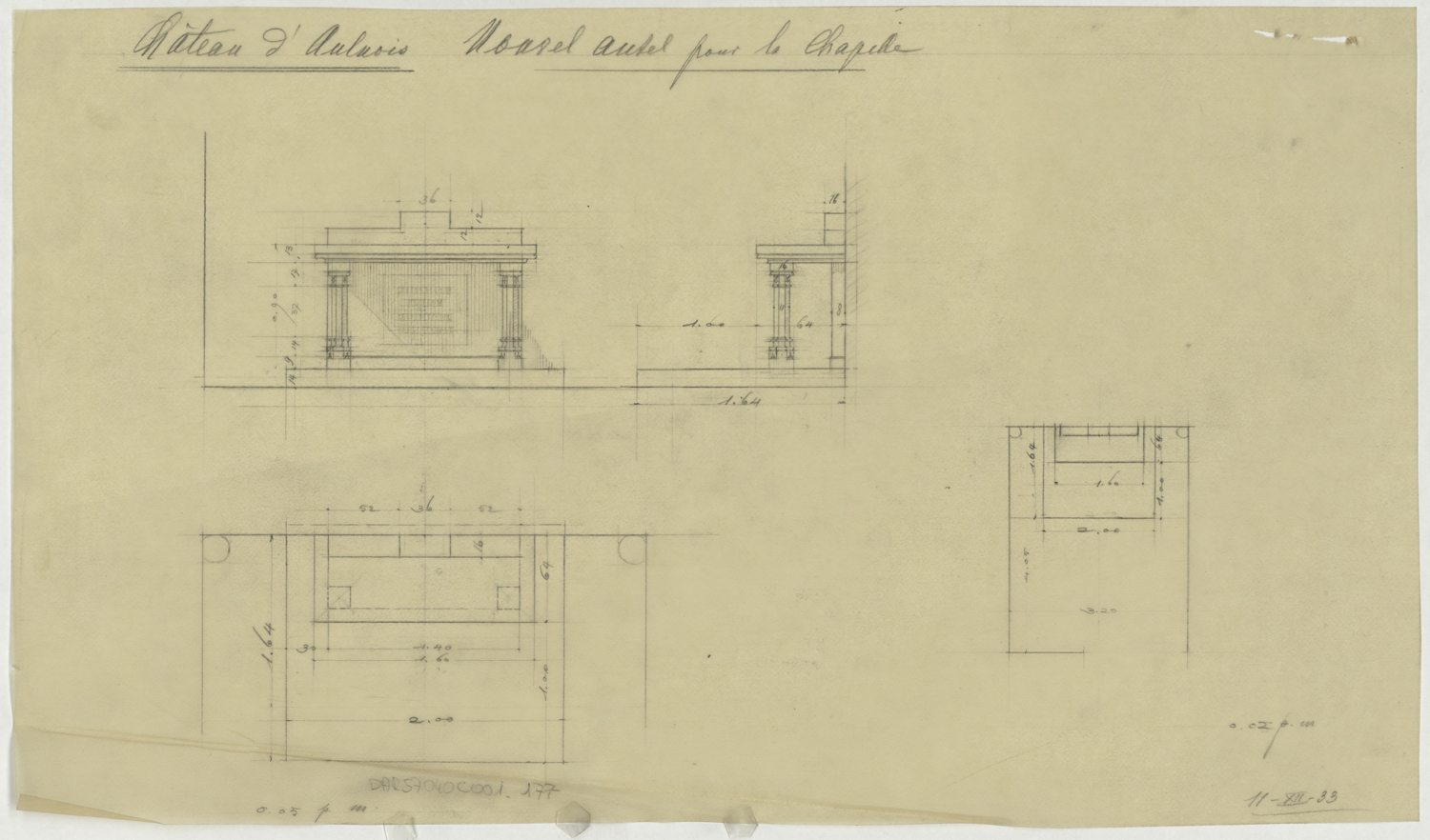 Chapelle, projet de nouvel autel, plans et élévations.