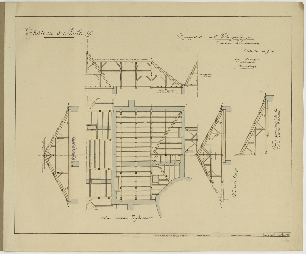 Reconstitution de la charpente de l’ancien bâtiment, plan et coupes du niveau inférieur.