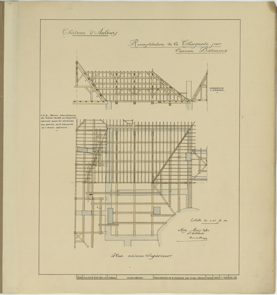 Reconstitution de la charpente de l’ancien bâtiment, plan et coupe du niveau inférieur.