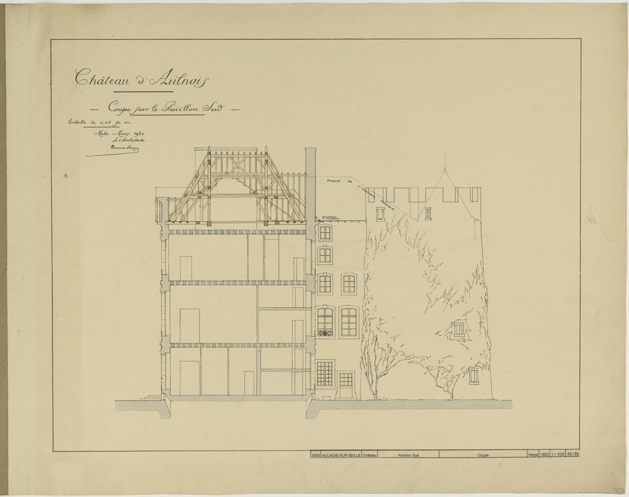 Charpente, coupe transversale sur le pavillon sud.