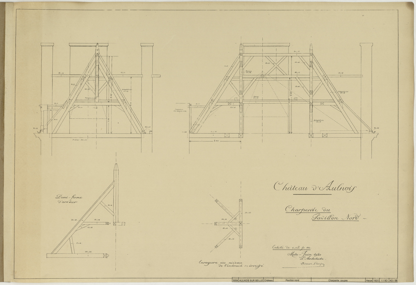 Charpente du pavillon nord, plan et coupes.