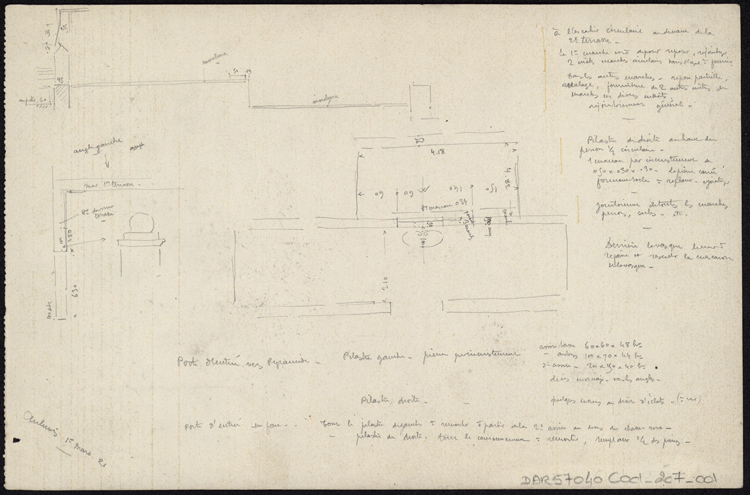 Travaux de restauration, croquis du perron et note manuscrite relative à ses éléments architecturés.