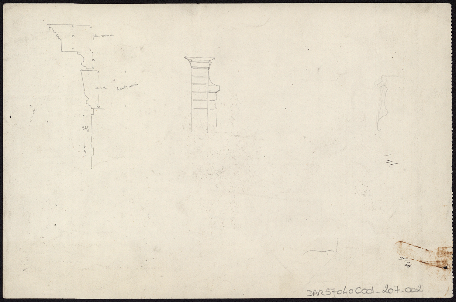 Croquis d’architecture, profil de corniche et esquisse d’un pilier du portail d’entrée.