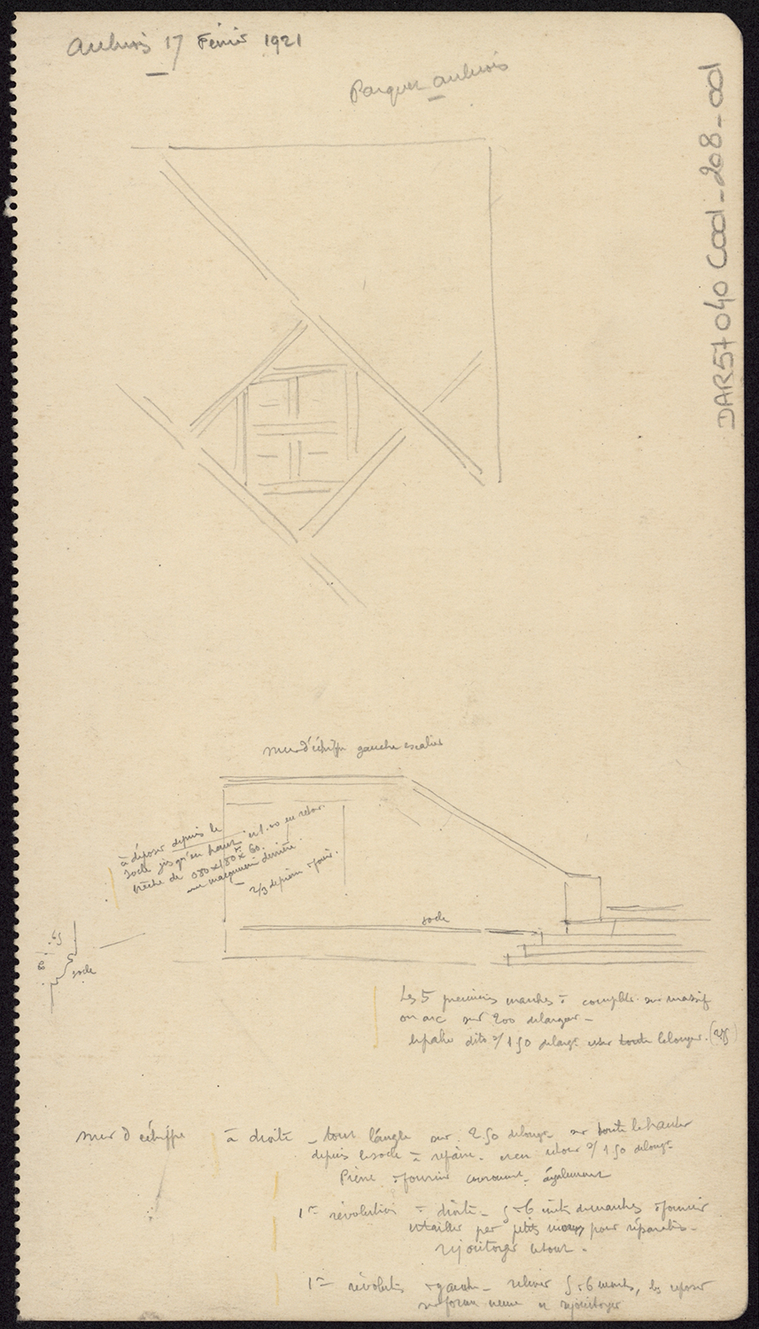 Croquis d’architecture, esquisse et note relative au mur d’échiffre portant l’escalier du perron et esquisse d’un parquet à assemblage.