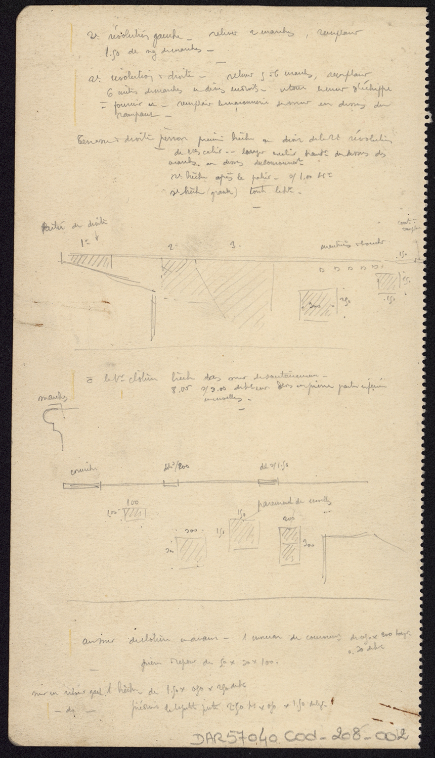 Croquis d’architecture, note manuscrite relative au mur d’échiffre portant l’escalier et esquisses du perron.