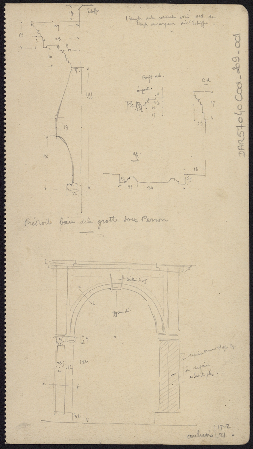 Croquis d’architecture, élévation et détail des pilastres de la porte de la grotte située sous le perron.