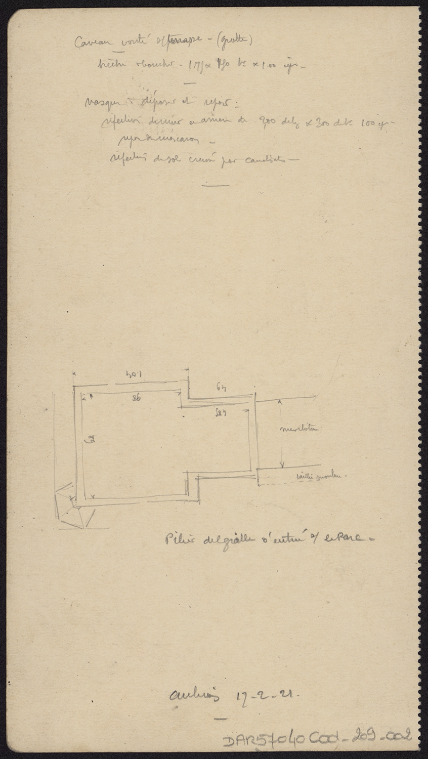 Note manuscrite relative aux travaux à effectuer dans la grotte sous le perron et croquis d’un pilier.