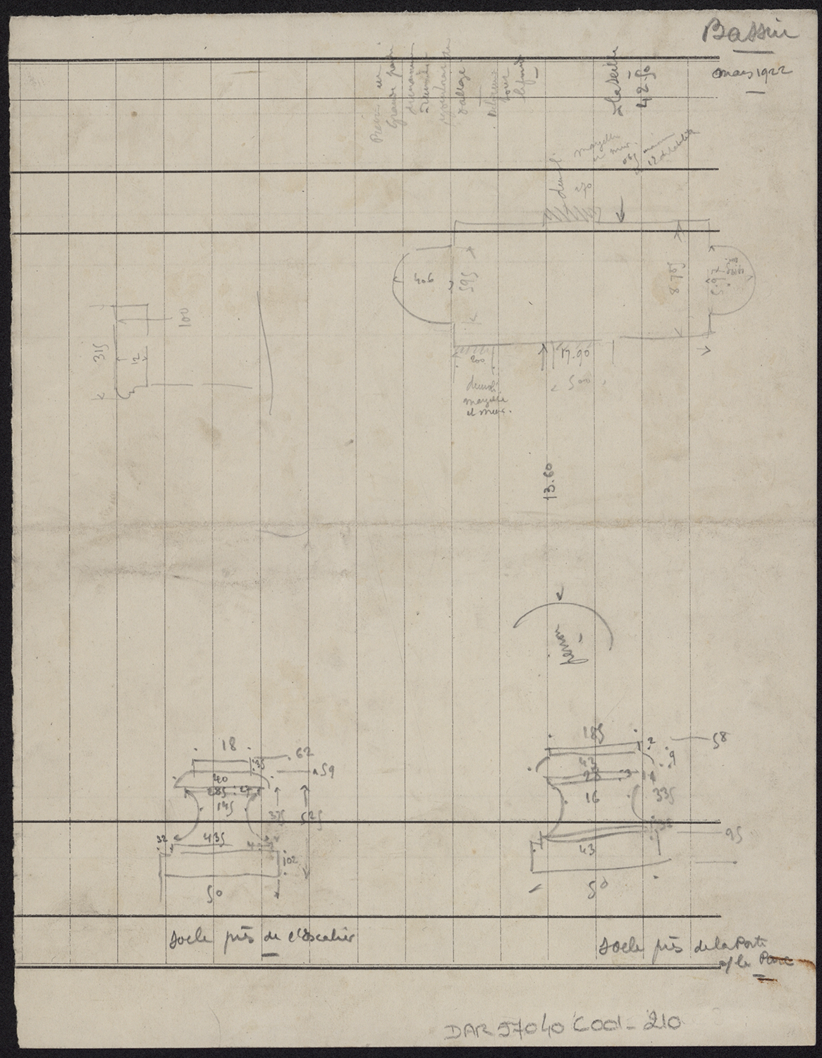 Croquis d’architecture, esquisses de socles et plan d’un bassin.