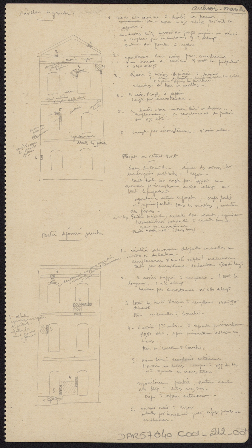 Travaux de restauration, élévations des façades extérieure et intérieure du pavillon sud et note manuscrite des travaux à réaliser.