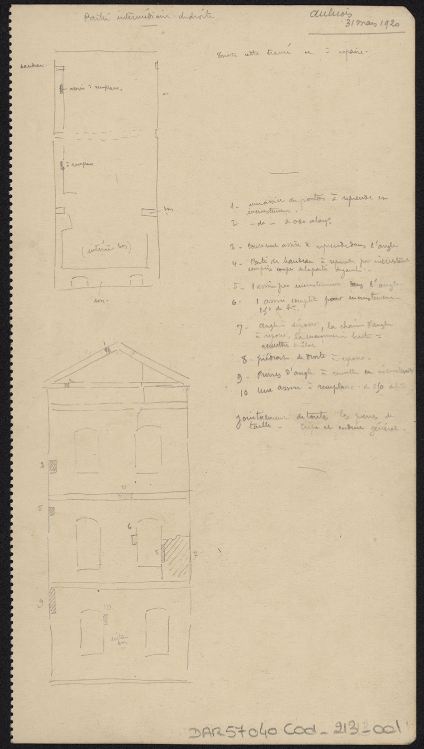 Travaux de restauration, élévation de la façade extérieure du pavillon nord et note manuscrite des travaux à réaliser. 