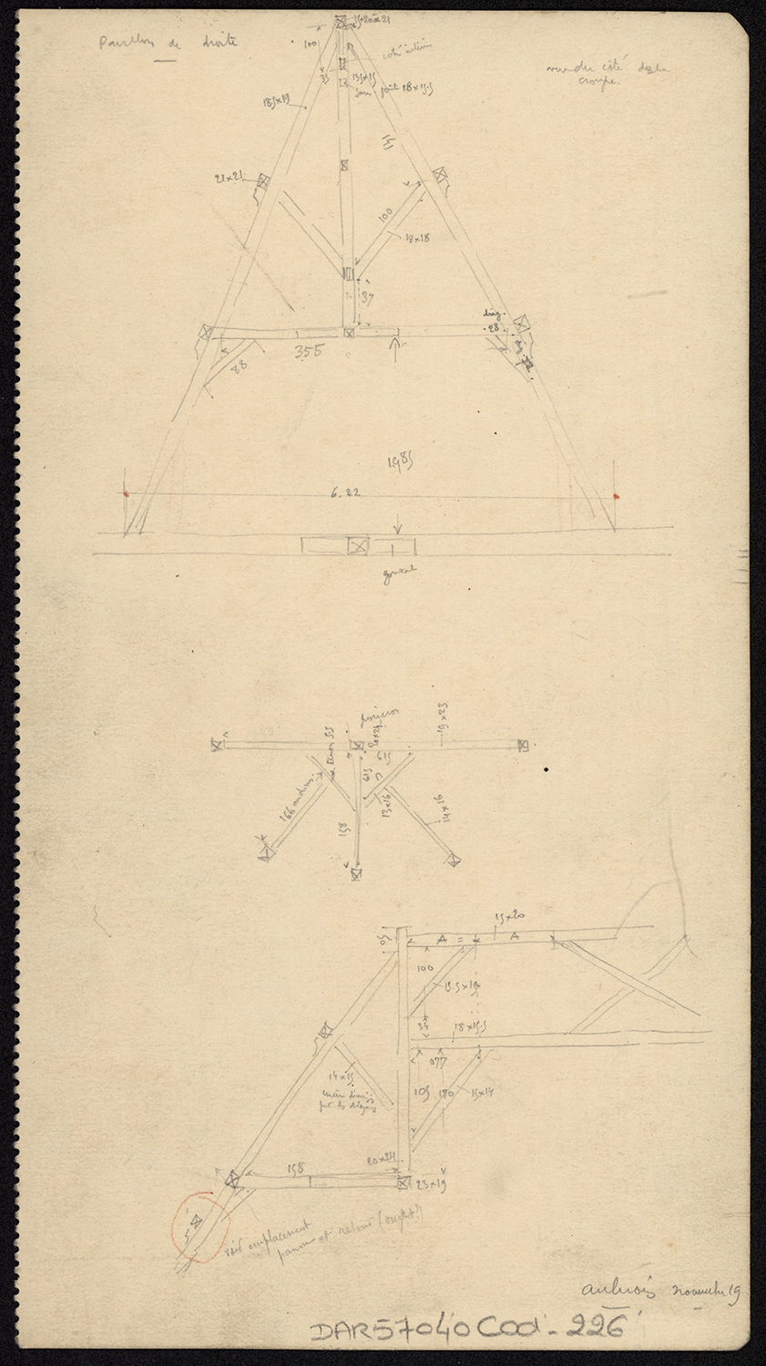 Charpente, plan du pavillon nord et plans d’assemblage.