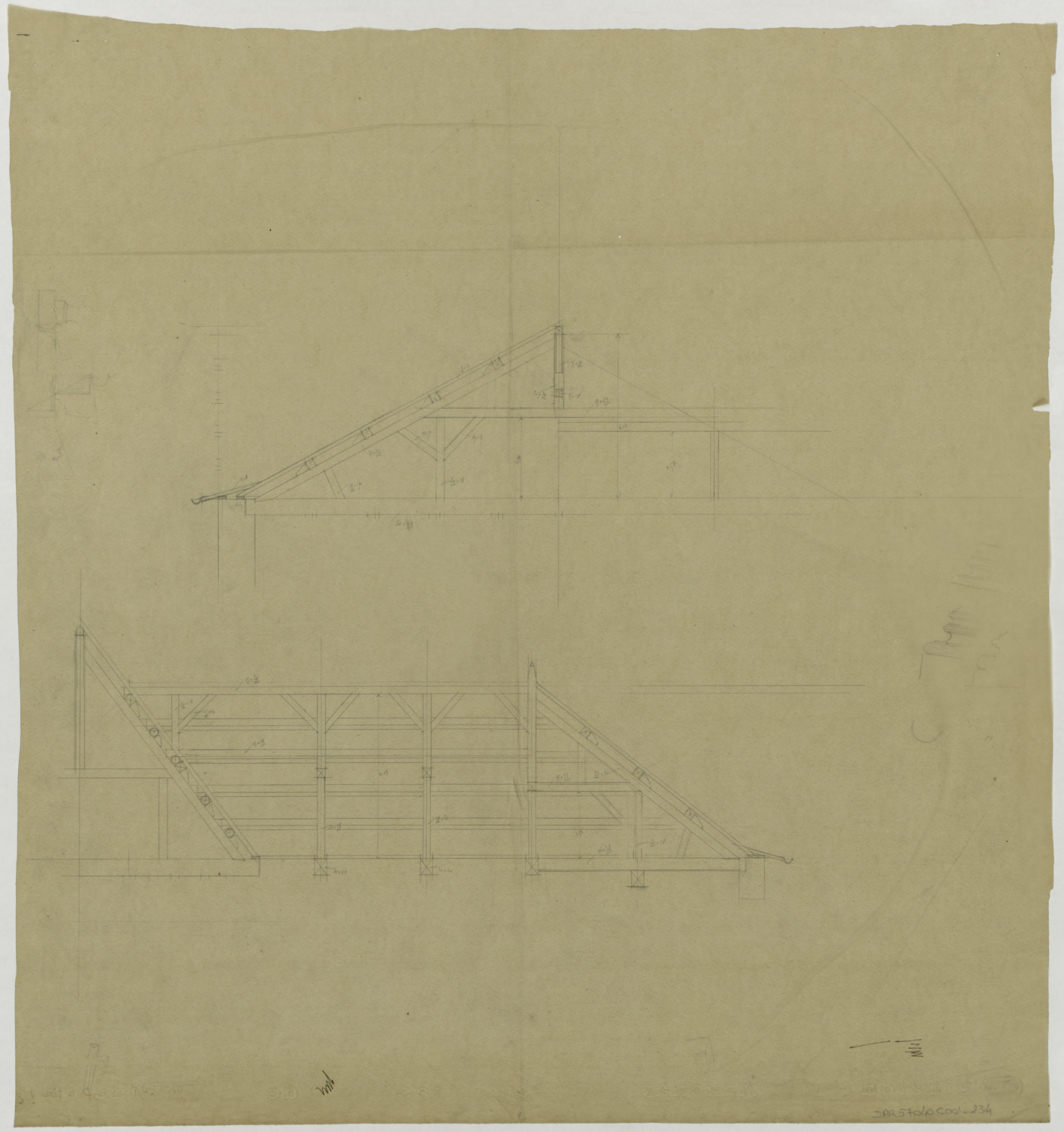 Charpente, plans partiels du pavillon central du château neuf.