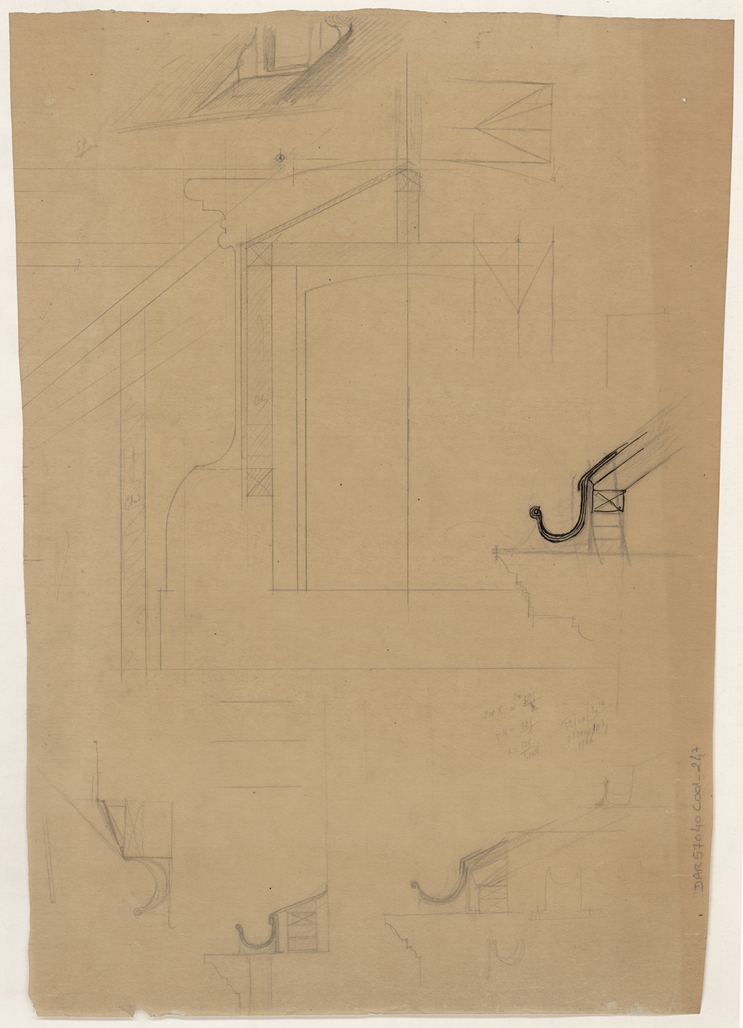 Lucarne, élévation partielle et croquis de gouttières.