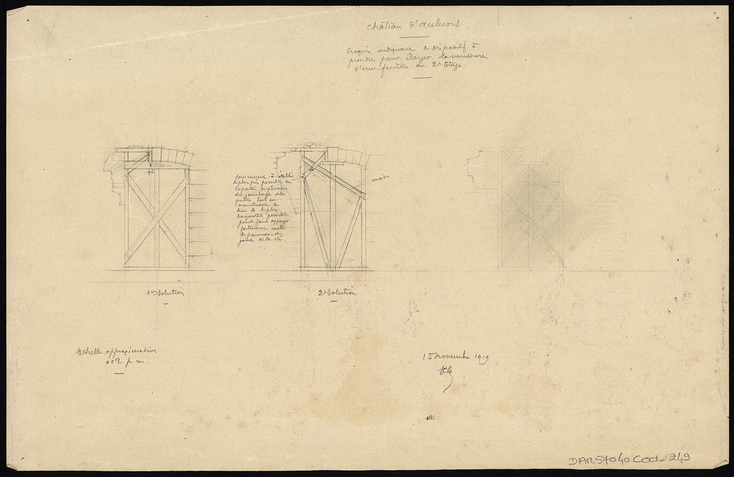 Travaux de restauration, élévations de l’étaiement d’une fenêtre du deuxième étage.