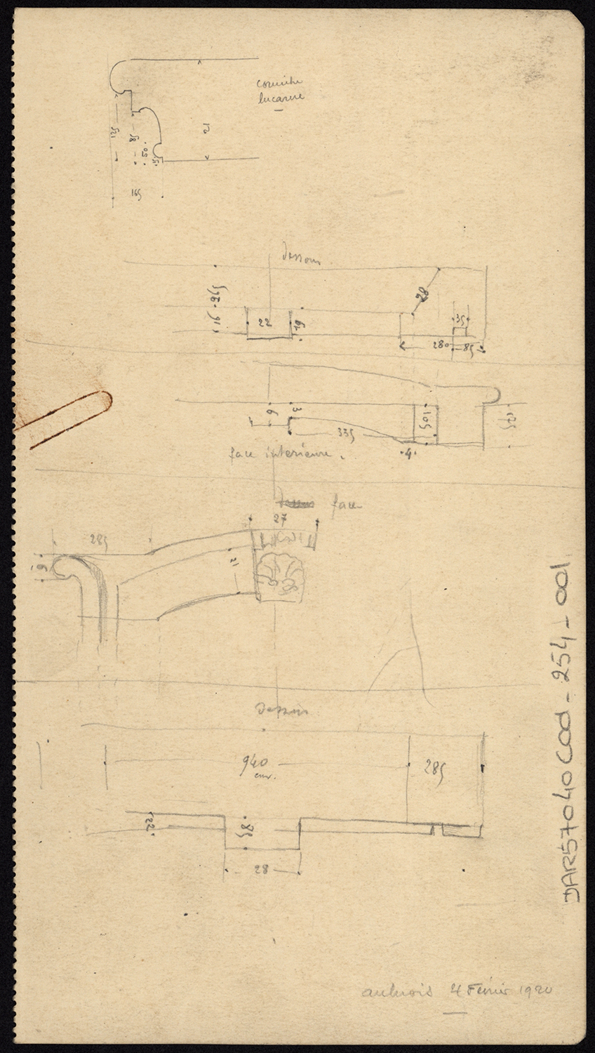 Lucarne, élévation partielle et croquis de corniches.