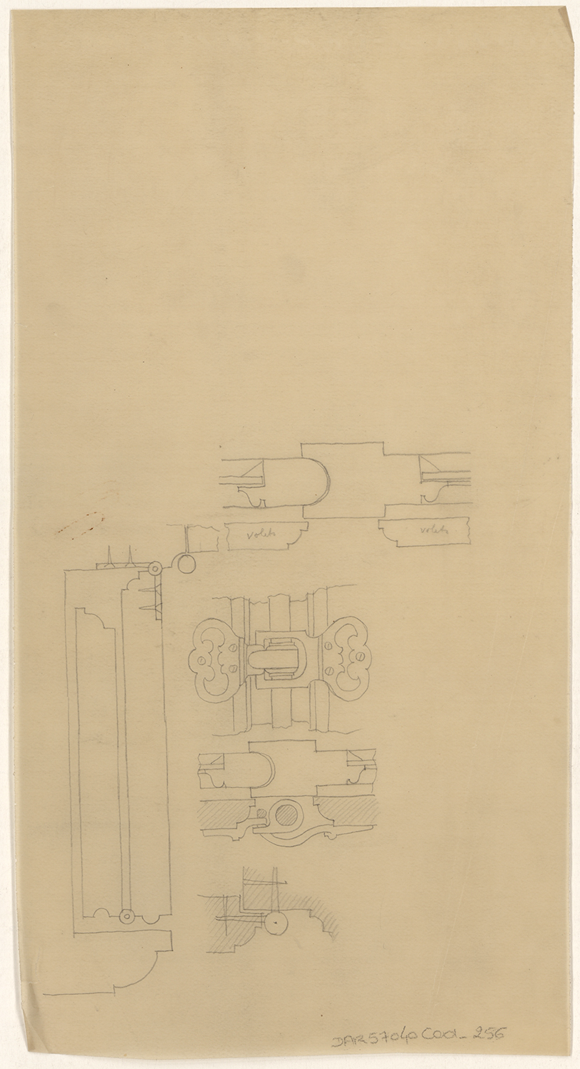 Fenêtre, plans et coupe d’une serrure de volet.