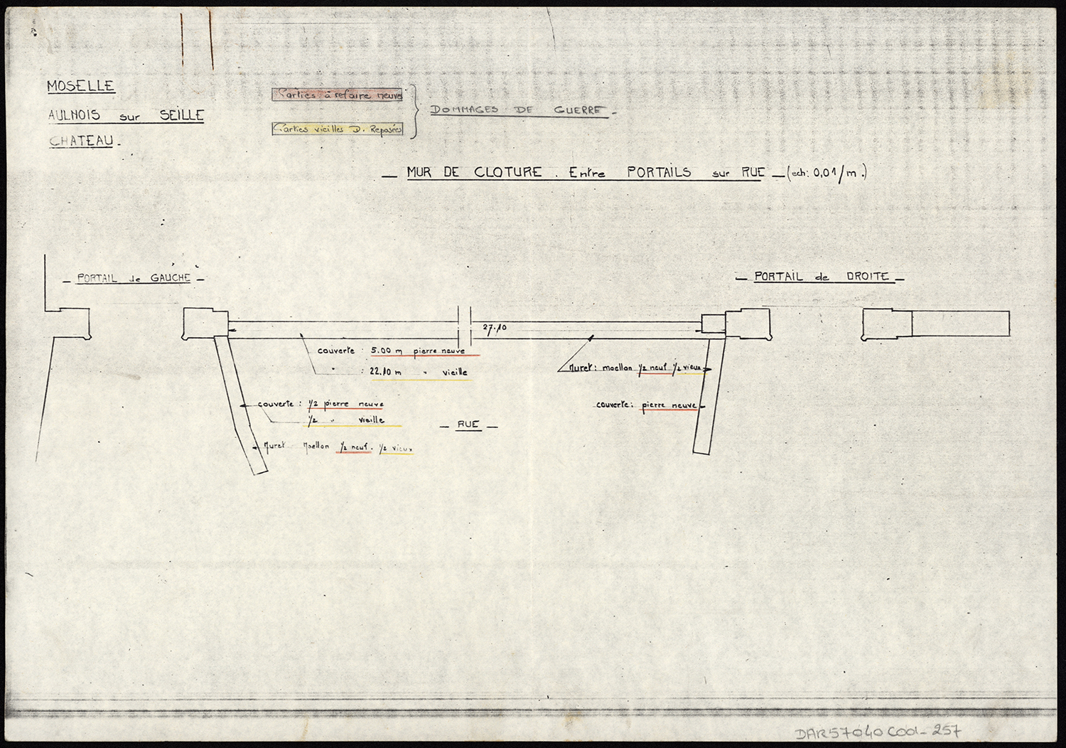 Travaux de restauration, plan du mur de clôture du parc sur la rue.